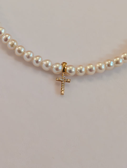 14 KT Children's Diamond Cross on pearl necklace 14 inch