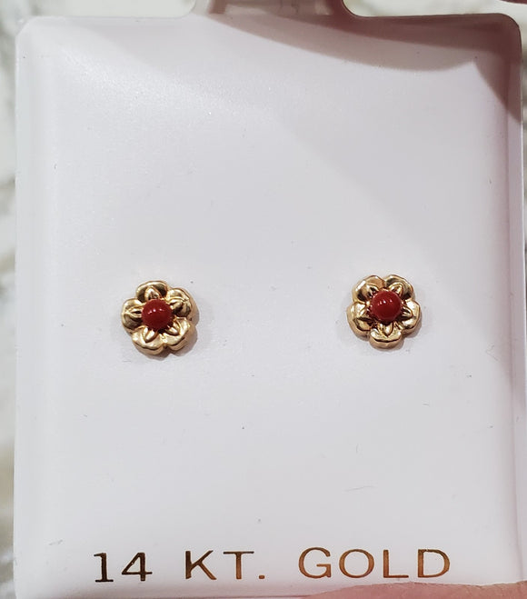 14 KT Decorative trim flower with coral bead center 2mm  with 4mm. width of flower screw back earrings made in spain gift box included