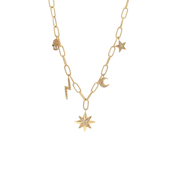 14 KT Diamond Lightening Bolt, Crescent Moon, Star, hand North Star paper clip link necklace