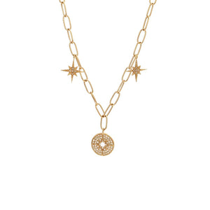 14 KT Diamond Disc + North Star paper clip link necklace