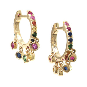 14KT Rainbow Bezels Multi Precious Stone Huggie Earrings