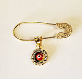 14 KT Safety Pin with CZ stones and round eye charm red color dangle pin 1.25 inches