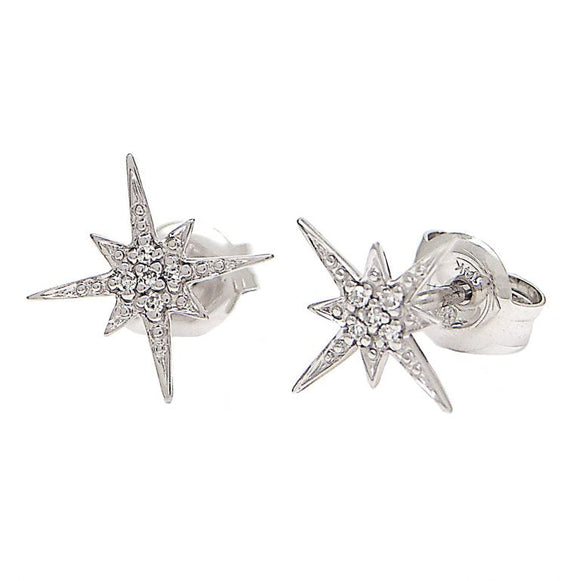 14 KT white gold star burst with diamond accent stud earrings