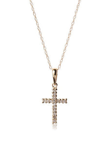 14 KT Diamond Cross pendant with 16 inch chain. Length 1/2 inch available in white or yellow gold .06 pts genuine diamonds and red leatherette gift box made in Hong Kong.