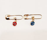 14 KT Small gold safety pin with evil eye charm