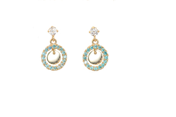 Blue circle cz. 14 KT gold children's earrings