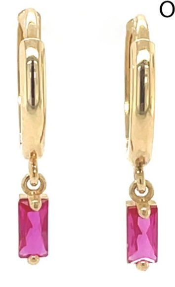 14 KT Huggie hoop with birthstone baguette dangle