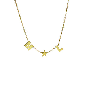 2 Letter Squad Necklace with Star 14KT gold 6mm. small letters