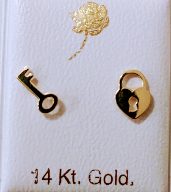 14 KT Lock and Key Polished flat  screw back earrings
