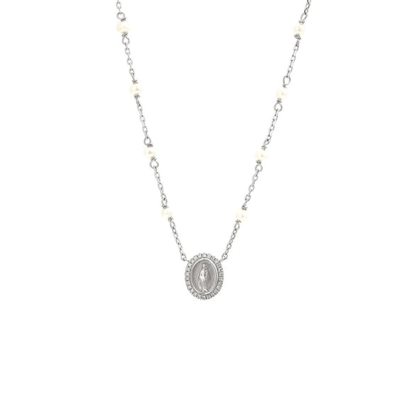 Sterling Silver Diamond rosary virgin mary medal necklace