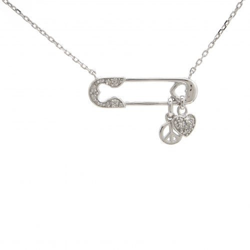 Diamond safety pin Necklace peace sign and heart charms.