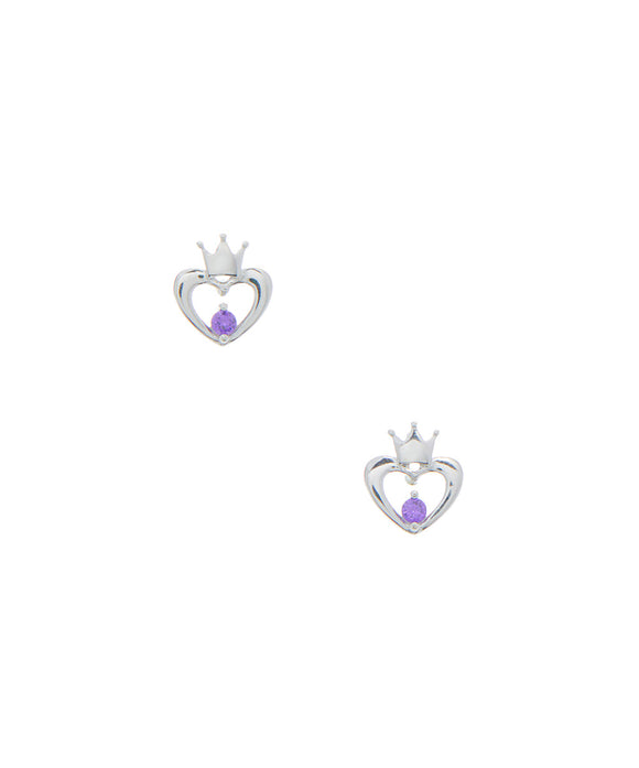 Hearts with crown top and purple cz stone stud earrings