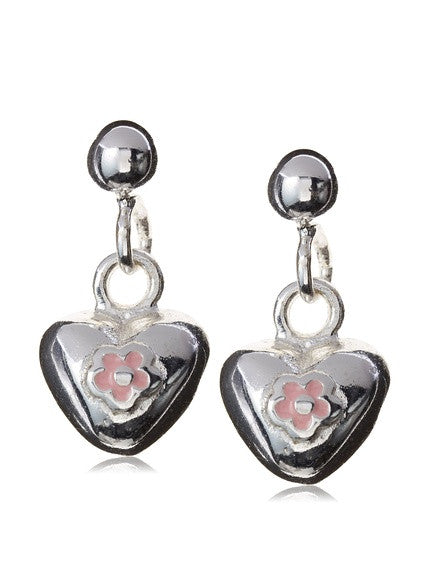 Sterling Deluxe Solid hearts with floral pink center design.  Drops are perfectly sized for ages 3+. Post and clutch backs.  Rhodium dipped over sterling prevents tarnish. If worn in the pool or ocean rinse in clear water.  Dry thoroughly and do not store in suede. 