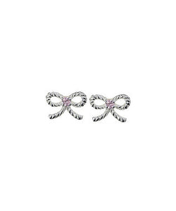 Baby or child's sterling bow bracelet and earrings set with pink CZ stones in the center.  Antiqued finish. Bows are twisted shape. Bracelet finished with lobster clasp and 2 inch extender.